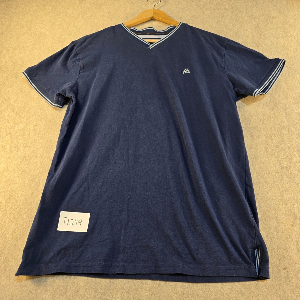 Marc Asher New York Youth Navy Blue V-Neck T-Shirt Size Large Striped Trim T1279